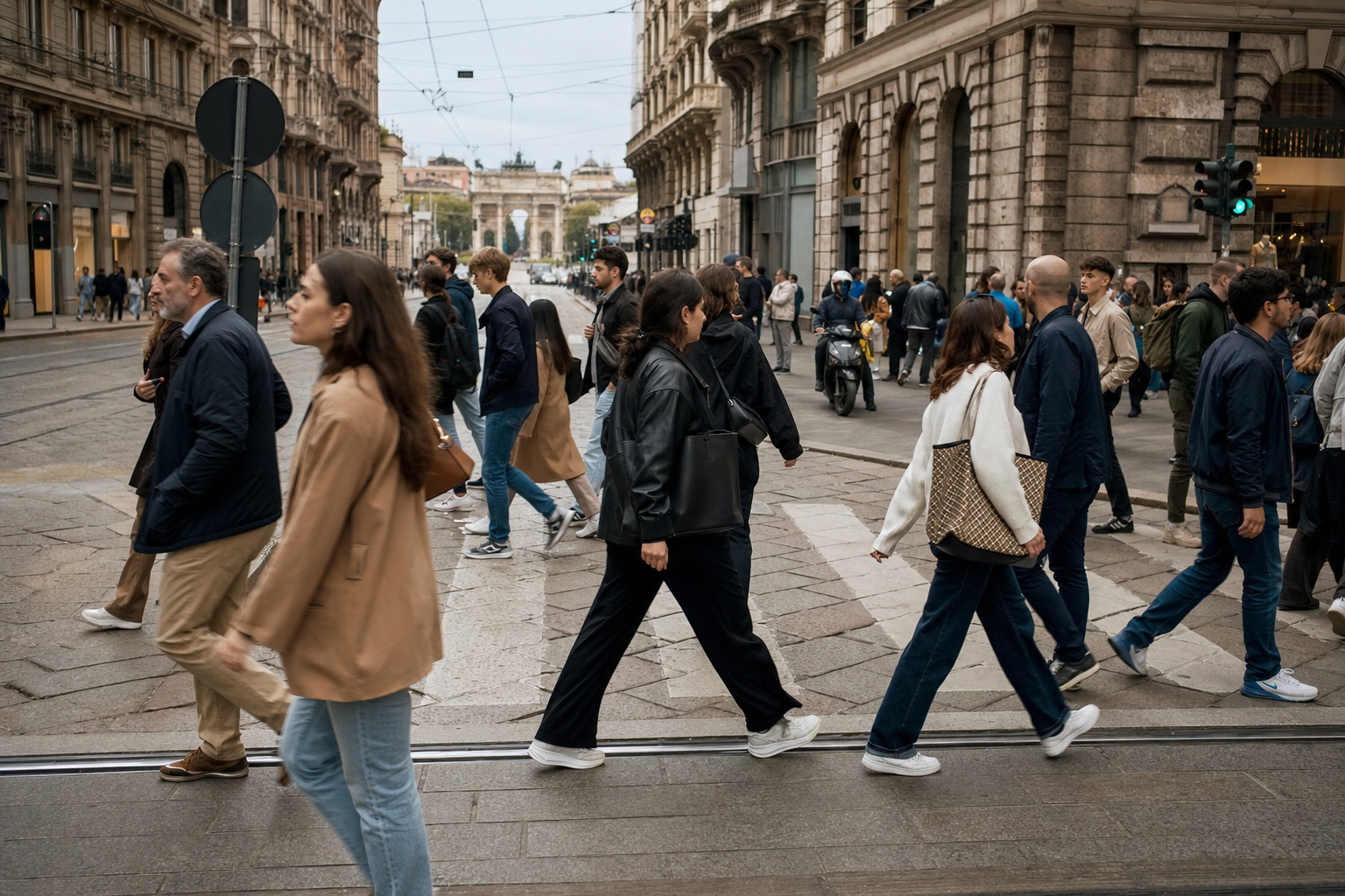 Fotografia di strada a Milano con pedoni in movimento