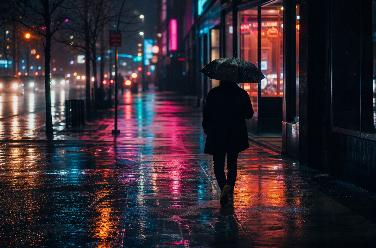 Strada di notte con neon riflessi sull'asfalto bagnato